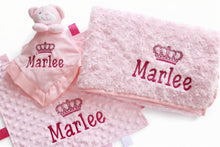 Load image into Gallery viewer, Personalised Embroidered Baby Blanket, Taggie & Comforter Gift Set