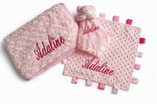 Load image into Gallery viewer, Personalised Embroidered Baby Blanket, Taggie & Comforter Gift Set