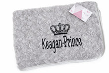 Load image into Gallery viewer, Grey Rosebud fluffy personalised embroidered blanket comforter NAME ONLY
