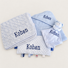 Load image into Gallery viewer, Personalised 4-Piece Baby Gift Set – Blanket, Hooded Towel, Comforter & Taggy