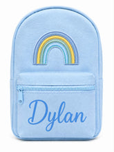 Load image into Gallery viewer, Personalized Light Blue Children’s Backpack with Embroidered Rainbow and Custom Name