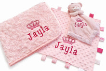 Load image into Gallery viewer, Personalised Embroidered Baby Blanket, Taggie & Comforter Gift Set