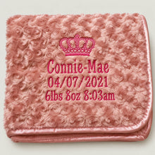 Load image into Gallery viewer, Rose gold fluffy personalised embroidered blanket birth details comforter
