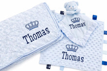 Load image into Gallery viewer, Personalised Embroidered Baby Blanket, Taggie & Comforter Gift Set