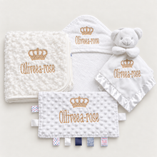 Load image into Gallery viewer, Personalised 4-Piece Baby Gift Set – Blanket, Hooded Towel, Comforter & Taggy