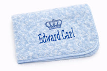 Load image into Gallery viewer, Blue Rosebud personalised embroidered blanket comforter NAME ONLY