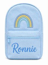 Load image into Gallery viewer, Personalized Light Blue Children’s Backpack with Embroidered Rainbow and Custom Name