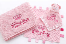 Load image into Gallery viewer, Personalised Embroidered Baby Blanket, Taggie & Comforter Gift Set
