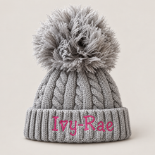 Load image into Gallery viewer, Personalised Grey Pom-Pom Baby Hat – 0–12 Months