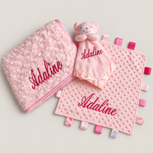Load image into Gallery viewer, Personalised Embroidered Baby Blanket, Taggie & Comforter Gift Set