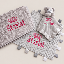 Load image into Gallery viewer, Personalised Embroidered Baby Blanket, Taggie & Comforter Gift Set