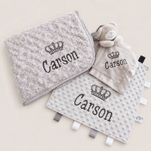 Load image into Gallery viewer, Personalised Embroidered Baby Blanket, Taggie & Comforter Gift Set