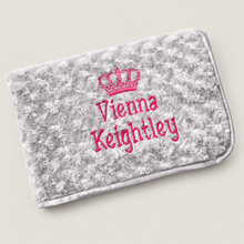 Load image into Gallery viewer, Grey Rosebud fluffy personalised embroidered blanket comforter NAME ONLY
