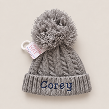 Load image into Gallery viewer, Personalised Grey Pom-Pom Baby Hat – 0–12 Months