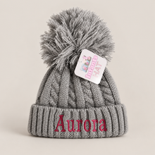 Load image into Gallery viewer, Personalised Grey Pom-Pom Baby Hat – 0–12 Months