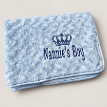 Load image into Gallery viewer, Blue Rosebud personalised embroidered blanket comforter NAME ONLY