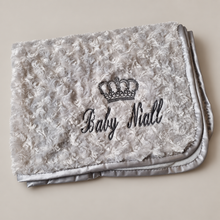 Load image into Gallery viewer, Grey Rosebud fluffy personalised embroidered blanket comforter NAME ONLY