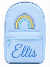 Load image into Gallery viewer, Personalized Light Blue Children’s Backpack with Embroidered Rainbow and Custom Name