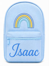 Load image into Gallery viewer, Personalized Light Blue Children’s Backpack with Embroidered Rainbow and Custom Name