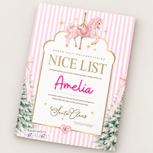 Load image into Gallery viewer, Personalised Santa Nice List Certificate | Pink Carousel Christmas Print | A4