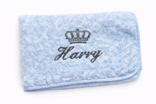 Load image into Gallery viewer, Blue Rosebud personalised embroidered blanket comforter NAME ONLY