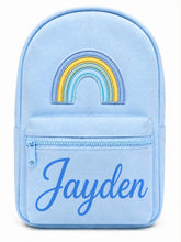 Load image into Gallery viewer, Personalized Light Blue Children’s Backpack with Embroidered Rainbow and Custom Name