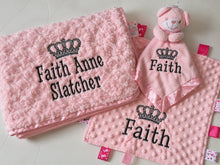 Load image into Gallery viewer, Personalised Embroidered Baby Blanket, Taggie & Comforter Gift Set