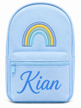 Load image into Gallery viewer, Personalized Light Blue Children’s Backpack with Embroidered Rainbow and Custom Name
