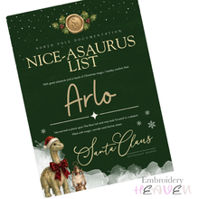Load image into Gallery viewer, Personalised Dinosaur Nice List Certificate – A4 Christmas Print