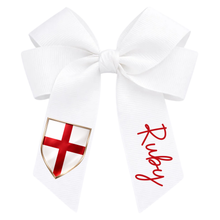 Load image into Gallery viewer, Personalised England Shield White Hair Bow Clip – Custom Name Football Bow