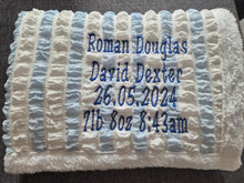Load image into Gallery viewer, Blue and White blanket NAME with BIRTH DETAILS