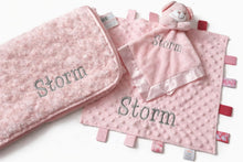 Load image into Gallery viewer, Personalised Embroidered Baby Blanket, Taggie & Comforter Gift Set