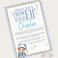 Load image into Gallery viewer, Personalised Blue Elf Arrival Letter – A4 Christmas Welcome Print
