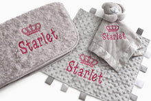 Load image into Gallery viewer, Personalised Embroidered Baby Blanket, Taggie &amp; Comforter Gift Set

