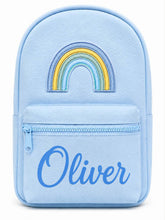 Load image into Gallery viewer, Personalized Light Blue Children’s Backpack with Embroidered Rainbow and Custom Name
