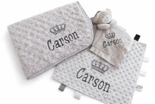 Load image into Gallery viewer, Personalised Embroidered Baby Blanket, Taggie &amp; Comforter Gift Set
