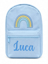 Load image into Gallery viewer, Personalized Light Blue Children’s Backpack with Embroidered Rainbow and Custom Name
