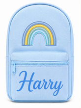 Load image into Gallery viewer, Personalized Light Blue Children’s Backpack with Embroidered Rainbow and Custom Name
