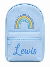 Load image into Gallery viewer, Personalized Light Blue Children’s Backpack with Embroidered Rainbow and Custom Name
