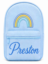 Load image into Gallery viewer, Personalized Light Blue Children’s Backpack with Embroidered Rainbow and Custom Name
