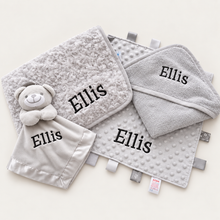 Load image into Gallery viewer, Personalised 4-Piece Baby Gift Set – Blanket, Hooded Towel, Comforter &amp; Taggy
