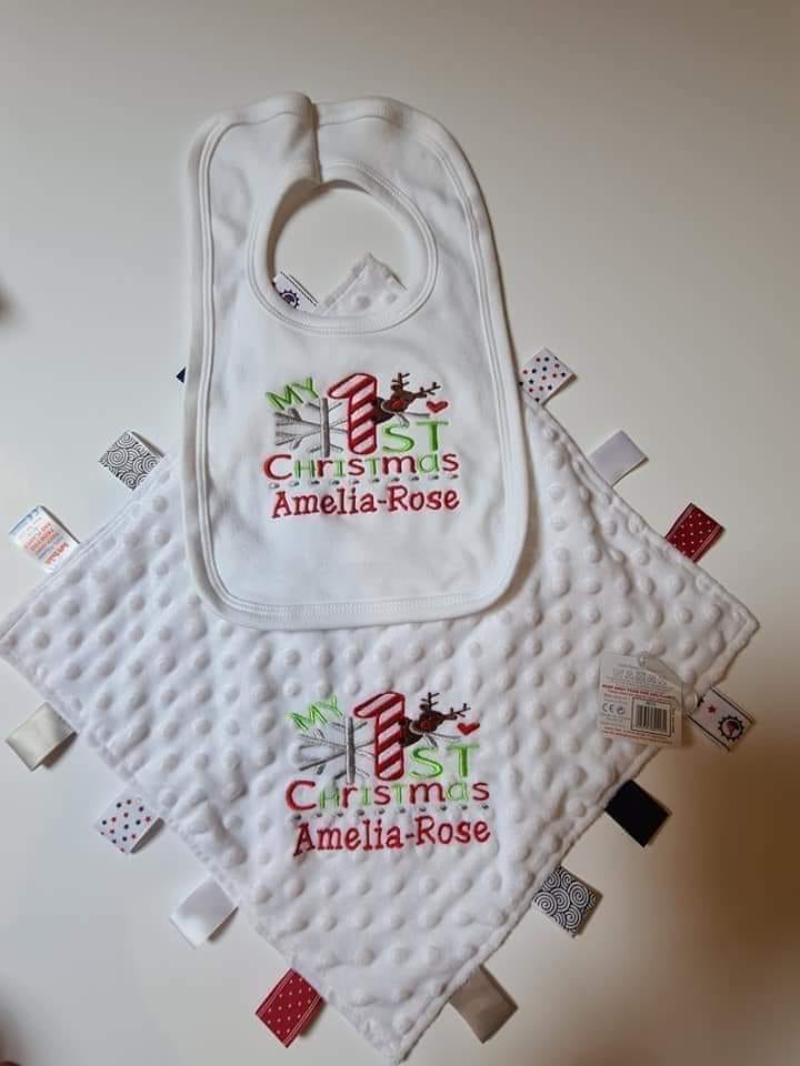 First Christmas Bib & Taggy – Personalised Keepsake Set