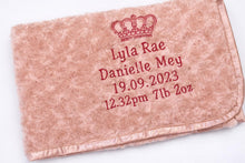 Load image into Gallery viewer, Rose gold fluffy personalised embroidered blanket birth details comforter
