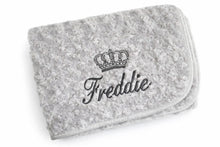 Load image into Gallery viewer, Grey Rosebud fluffy personalised embroidered blanket comforter NAME ONLY

