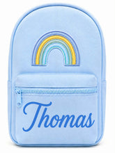 Load image into Gallery viewer, Personalized Light Blue Children’s Backpack with Embroidered Rainbow and Custom Name
