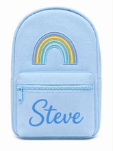 Load image into Gallery viewer, Personalized Light Blue Children’s Backpack with Embroidered Rainbow and Custom Name
