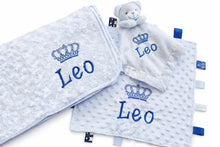 Load image into Gallery viewer, Personalised Embroidered Baby Blanket, Taggie &amp; Comforter Gift Set
