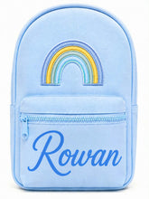 Load image into Gallery viewer, Personalized Light Blue Children’s Backpack with Embroidered Rainbow and Custom Name
