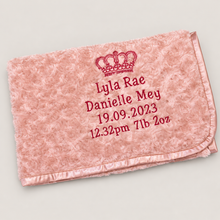 Load image into Gallery viewer, Rose gold fluffy personalised embroidered blanket birth details comforter
