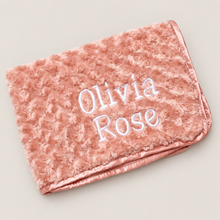 Load image into Gallery viewer, Rose gold fluffy personalised embroidered blanket birth details comforter
